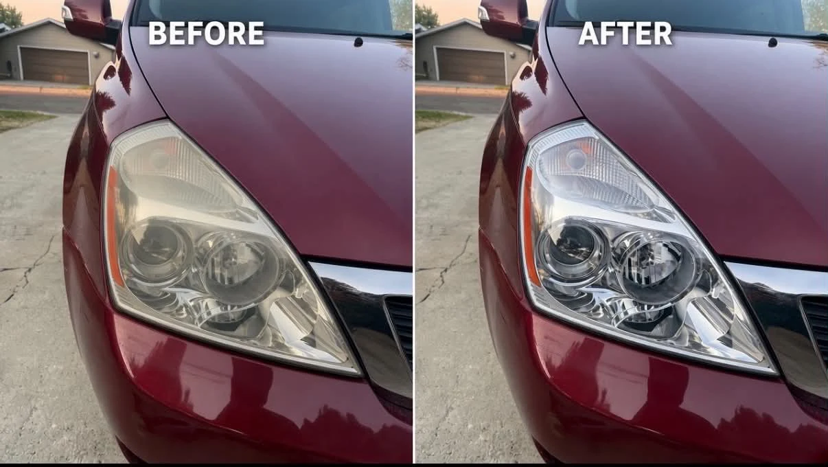 Before and after Glacier Clear headlight restoration on a red vehicle